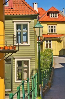 Bergen, Norway, May 2015: Wooden houses and architecture of the norwegian city of gamle Bergen,