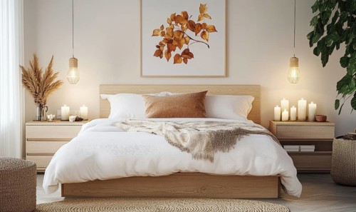 Simple bedroom with a white bed, light wooden nightstands, and autumn-themed artwork on the walls