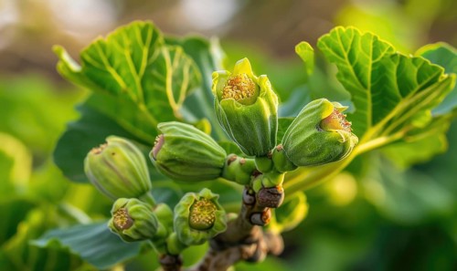 Fig tree blossoms and young figs, close-up AI generated