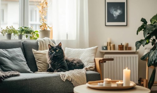 A living room with a beige sofa, wooden coffee table, autumn leaves in a vase, candles on the table