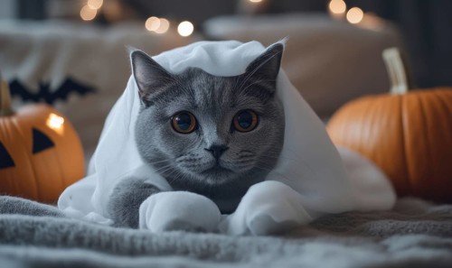 Close-up of a gray cat in a ghost costume, with soft shadows and Halloween decorations around AI