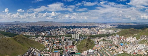 Aerial panorama view of Ulaanbaatar city and Memorial on Zaisan Tolgoi, Mongolia, Asia