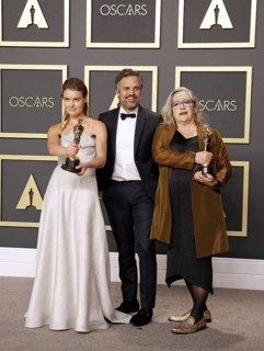 Carol Dysinger, Elena Andreicheva and Mark Ruffalo at the 92nd Academy Awards, Press Room held at