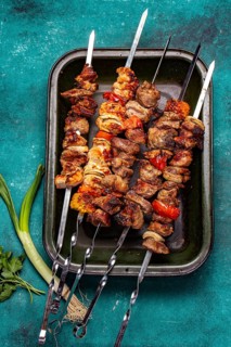 Food, Bbq grilled meat pork, chicken and vegetable skewers on tray. Top view, flat lay