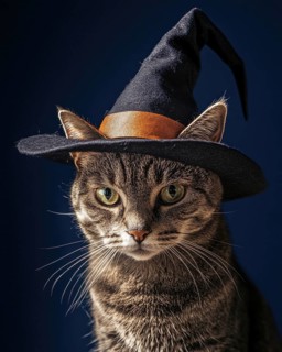 A grey tabby cat with a serious expression, wearing a slightly oversized witch's hat AI generated