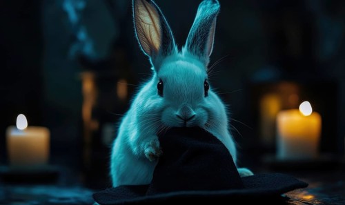 A white rabbit with long ears, balancing a small black hat, with soft candlelight in the background