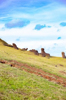 Moai on Ranu Raraku Volcan. Ester Island Landscape
