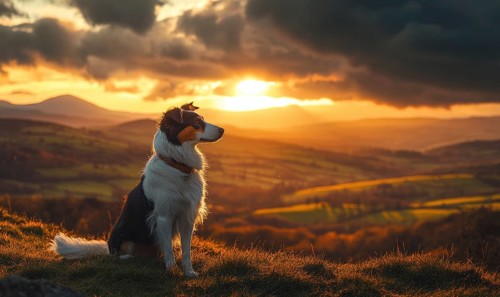 Collie standing on a hilltop, overlooking a valley at sunrise AI generated