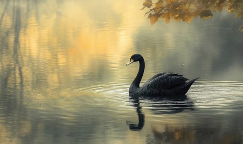 Black swan drifting on a still pond, soft ripples and reflections shimmering in the water AI