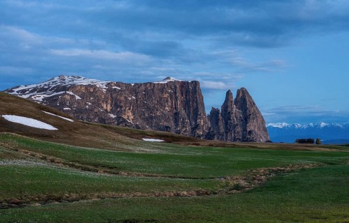 Panoramic view of Mount Sciliar from Alpe di Siusi in the Dolomites in South Tyrol, Italy, Europe
