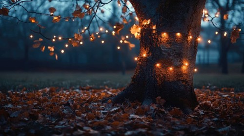 Leafless autumn tree adorned with glowing fairy lights AI generated