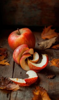 Apple peels on wooden table AI generated