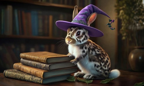 A spotted rabbit wearing a purple hat sitting near a stack of spell books AI generated