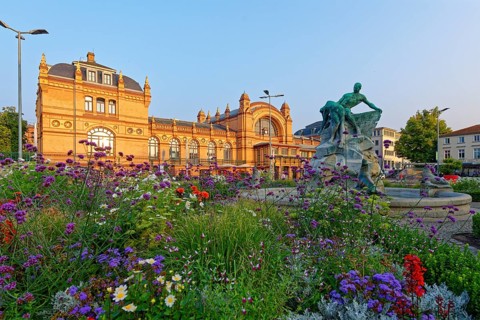World Heritage Residence Ensemble Schwerin, railway station with richly decorated facades,