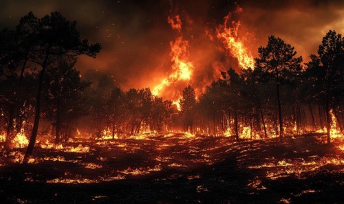 Raging fire spreading through a dense forest, flames climbing high into the treetops AI generated