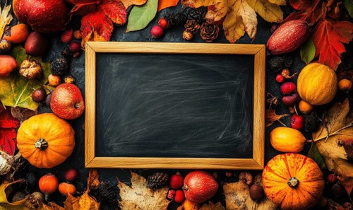 Chalkboard in the center of a countertop, decorated with autumn leaves AI generated