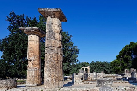Temple of Hera monument (7th cent. B.C.) in Olympia, Greece, Europe