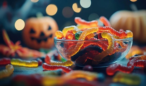 Close-up of gummy worms spilling out of a small candy bowl AI generated