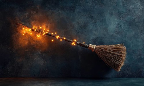 Witch's broom adorned with glowing garlands AI generated