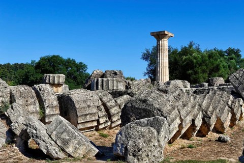 Temple of Zeus monument (470-457 B.C.) in Olympia, Greece, Europe