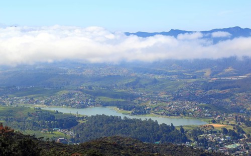 Aerial view on Nuwara Eliya, Gregory lake and clouds over, Sri Lanka, Asia