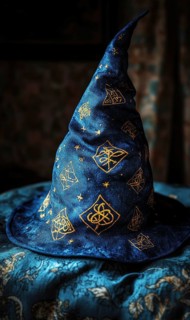 A dark blue wizard hat, embroidered with golden runes AI generated