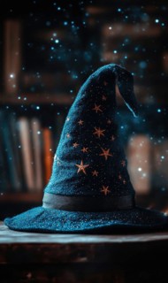 A dark blue wizard hat, embroidered with stars AI generated