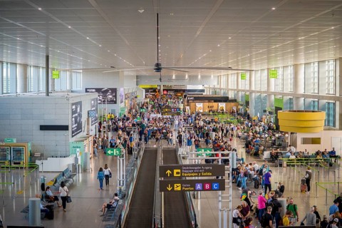 Malaga, Spain, April 2023: High angle view on the departure gates at Malaga Airport, Europe