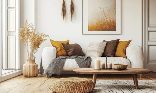 Scandinavian living room with white walls, wooden floor, autumn-themed cushions and candles on the