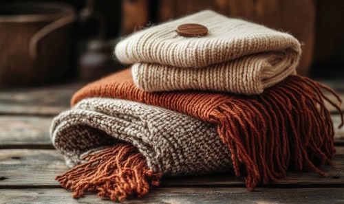 Vibrant knitted hats on a rustic wooden background AI generated