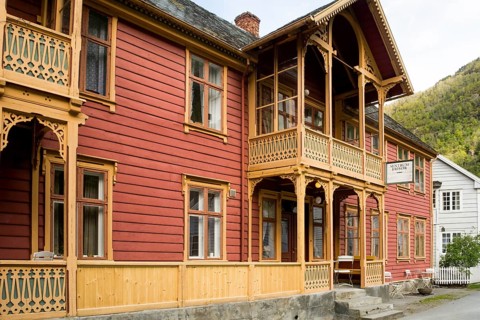 Laerdal, Sogn og Fjordane, Norway, May 2015: street scene with typical and historical houses of