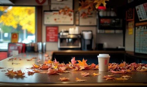 Empty menu board on a counter, fall leaves scattered around AI generated