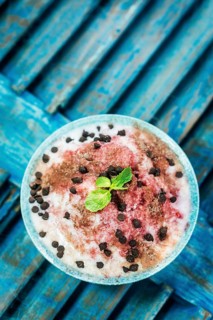 Coconut sorbet with raspberry sauce and chocolate chips