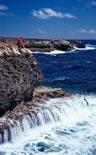 Woman watching surf on the coast, Netherlands Antilles, Bonaire, Caribbean, Caribbean Sea,