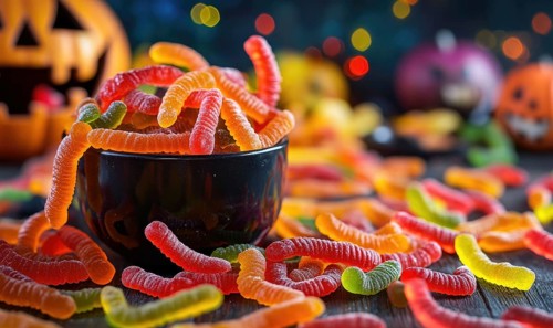 Close-up of gummy worms spilling out of a small candy bowl AI generated