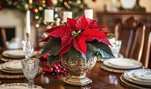 Festive table setting with a red poinsettia centerpiece, elegant glassware, and candles, creating a