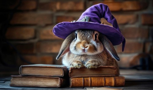 A spotted rabbit wearing a purple hat sitting near a stack of spell books AI generated