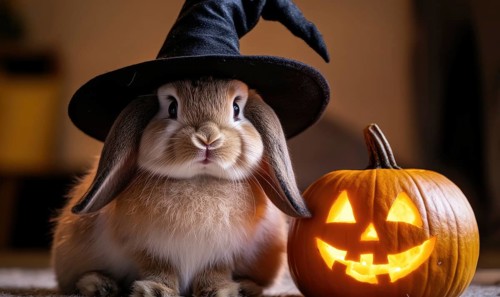 A fluffy rabbit with long ears, donning a black hat sitting next to a glowing pumpkin AI generated