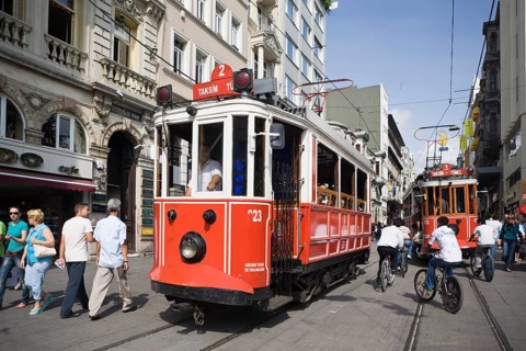 Historic tram in Istikal Caddesi shopping street, Istanbul, Turkey, Asia