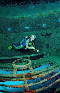 Diver explores Jacque Cousteau's Precontinent 2, Sudan, Africa, Red Sea, Shaab Rhumi, Africa