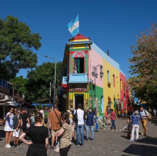 La Boca, Buenos Aires, Argentina, colourfully painted houses in the harbour district around the El