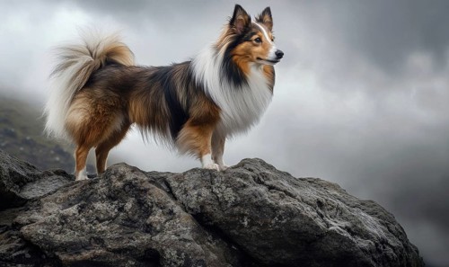 A Shetland Sheepdog standing proudly on a rocky outcrop AI generated