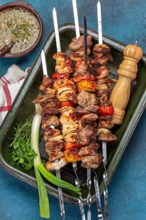 Food Photography, Bbq grilled meat pork, chicken and vegetable skewers on tray. Top view, flat lay.