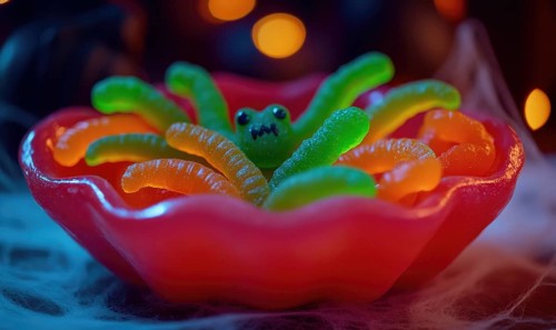 A few gummy worms in neon green and orange, placed in a spider-shaped dish, Halloween-themed glow