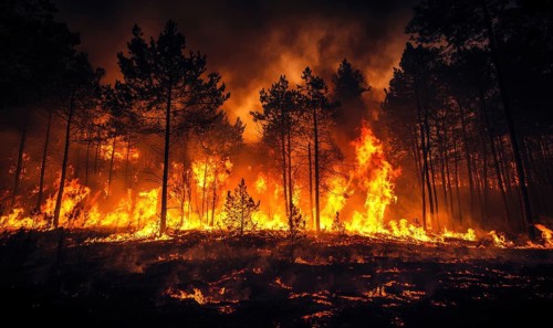 Raging fire spreading through a dense forest, flames climbing high into the treetops AI generated
