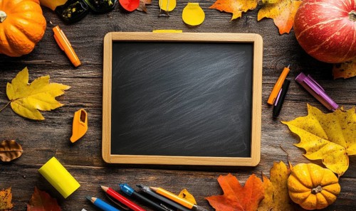 A wooden table decorated with autumn leaves, a chalkboard, and various school supplies AI generated