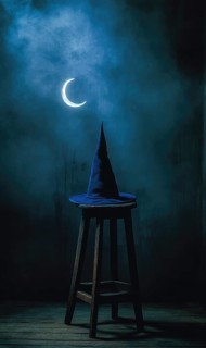 A dark blue wizard hat, silver crescent moon AI generated