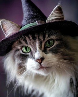A fluffy grey and white cat, bright green eyes, wearing a small pointed witch hat AI generated