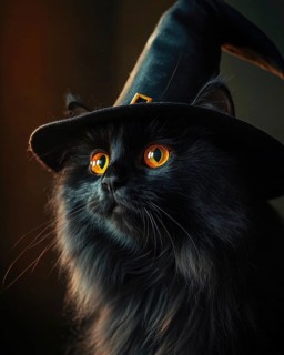 A large fluffy black cat with glowing amber eyes, wearing a tall witch's hat AI generated
