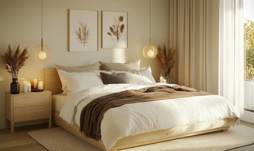 Simple bedroom with a white bed, light wooden nightstands, and autumn-themed artwork on the walls